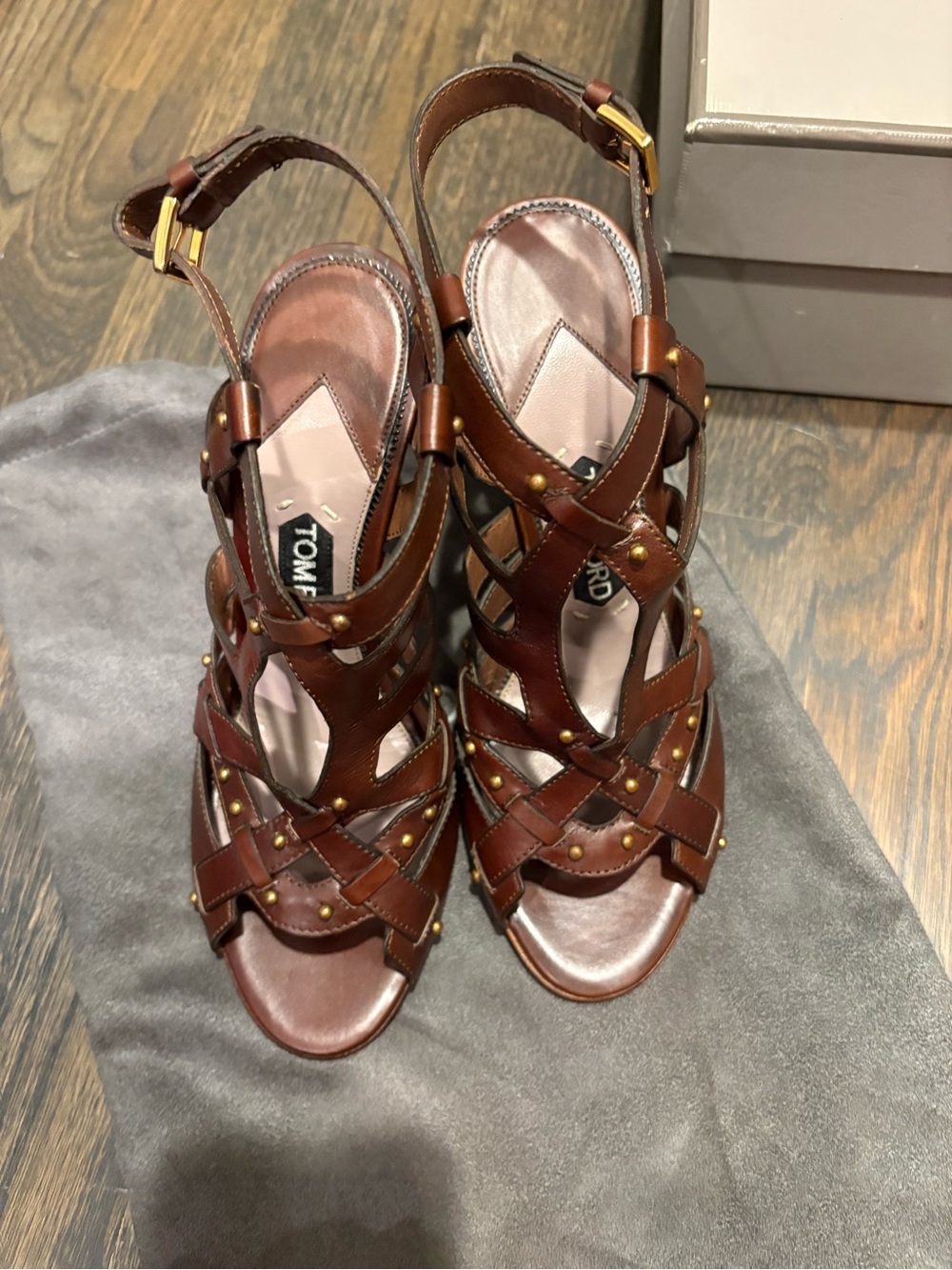 Tom Ford Brown Leather Studded Strappy Heels Italy as is floor display 37 1/2 - Picture 2 of 14